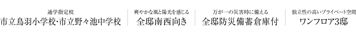 通学指定校「市立鳥羽小学校・市立野々池中学校」｜爽やかな風と陽光を感じる「全邸南西向き」｜万が一の災害時に備える「全邸防災備蓄倉庫付」｜独立性の高いプライベート空間「ワンフロア3邸」