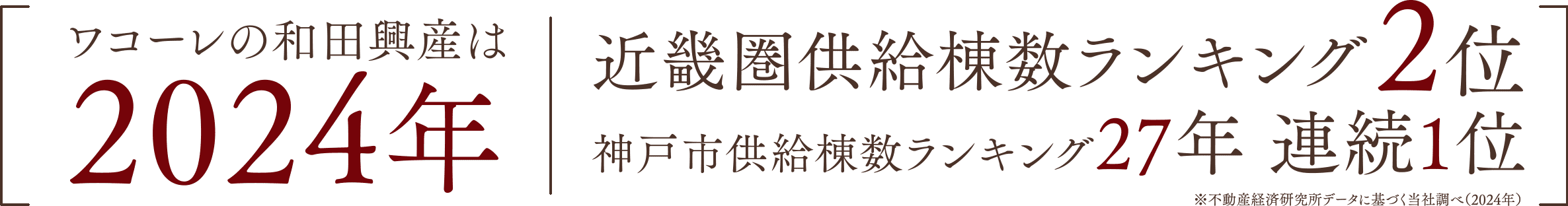 ワコーレの和田興産は2024年｜近畿圏供給棟数ランキング2位、神戸市供給棟数ランキング27年 連続1位 ※不動産経済研究所データに基づく当社調べ（2024年）
