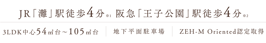 JR「灘」駅徒歩4分※1・阪急「王子公園」駅徒歩4分※2｜3LDK中心54㎡台〜105㎡超※総79戸中、3LDK住戸は66戸｜地下平面駐車場／敷地内平面駐輪場 設置｜ZEH-M Oriented認定取得